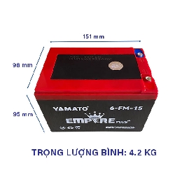 Ắc Quy Xe Đạp Điện Yamato Empire 12V-15Ah YMT-12-15/6-FM-15 Plus Dòng Cao Cấp – Bình Đỏ Đen